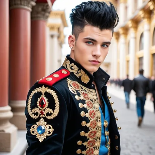 Prompt: a handsome  strong, 20-year-old man with black hair, mohawk, and blue eyes, clothes, black jacket with ornate, stitches and pieces that made it fit perfectly, Gold and red thread glimmered ornate designs over the entire thing and the gold jewled buttons.  black polished miltary boots 