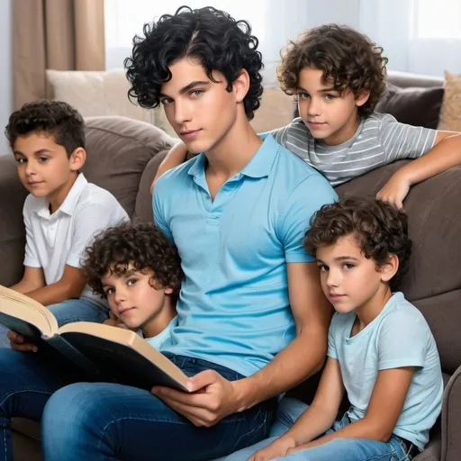 Prompt: handsome, short black hair, icy blue eyed teen male  sits the floor of the large living room, with four curly hair children  hanging over his shoulders from the seat of the chair he leaned on. He was reading to them,