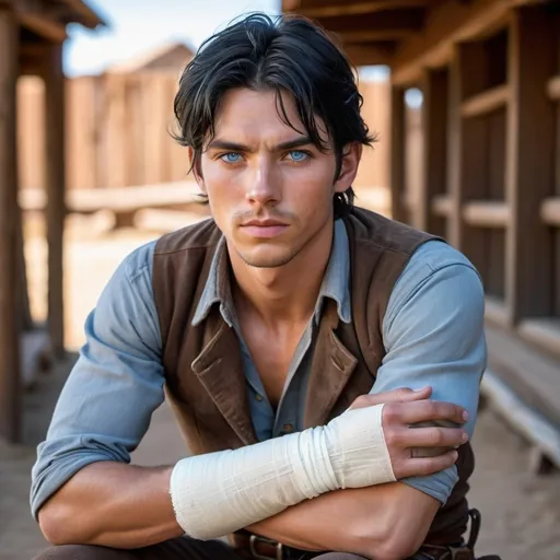 Prompt: handsome  young, black hair young man with icy blue eyes, sickly, thin, skinny, sickly, injured, classic hand injury wrap, wrists with bandage,  western setting, world, old west
