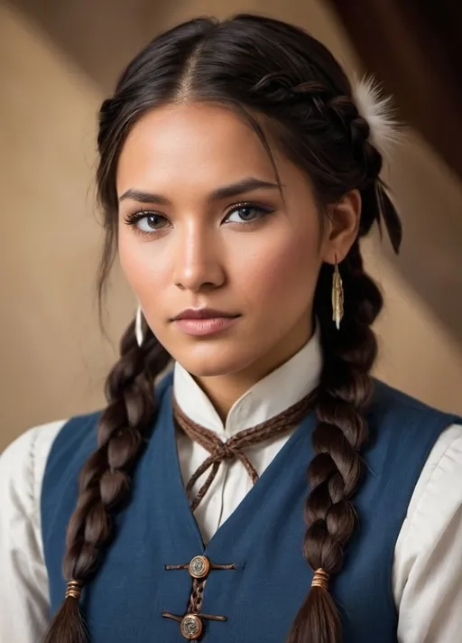 Prompt: native american features, Futuristic character in 1880, , brown golden eyes, long white sleeves rolled up, conservative blue vest of rough materials, neatly tied black top braid, high-quality, detailed, futuristic, historical, vintage, detailed eyes, professional, atmospheric lighting, classic tones