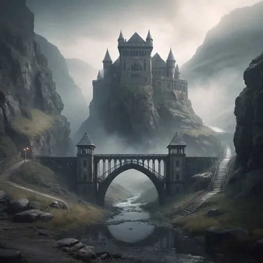 Prompt: fantasy prison. Ashgate prison, built into the mountain plateau with one impenetrable entrance. foggy, bridge and river, dramatic fantasy settlement scene, cinematic lighting