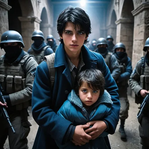 Prompt: handsome, black hair, blue-eyed 16 year old homless boy, wearing old worn out peet coat, carrying small young female child in his arms, guarded by masked soldiers, kidnappers,  gothic temple setting, Refugee, intense atmosphere, dramatic lighting, dynamic composition, gritty, Warzone, captive, rebellious, dramatic lighting, professional lighting