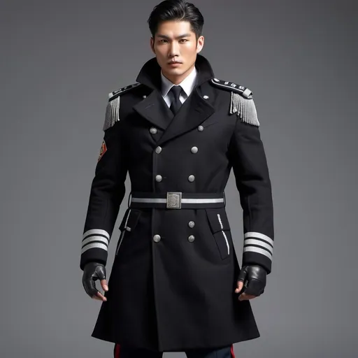 Prompt: Yoogark, a tall asian solider, slipped on his long black wool coat, the sleeves striped with silver cords, indicating his special police division, the collar trimmed with the same silver thread. a thin white scarf around his neck . The midsection of his military coat was additionally laden with a heavy protective criss-cross of metal stitching- 
