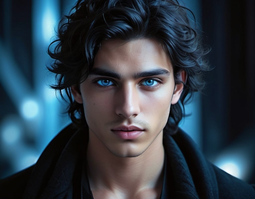 Prompt: Young arab man with deep black disheveled hair, cool-toned digital illustration, icy blue eyes, 18 years old, Eric Roberts-like appearance, Rhysand's manners, detailed facial features, moody lighting, fantasy, cool tones, highres, digital art, detailed eyes, disheveled hair, atmospheric lighting, detailed facial features