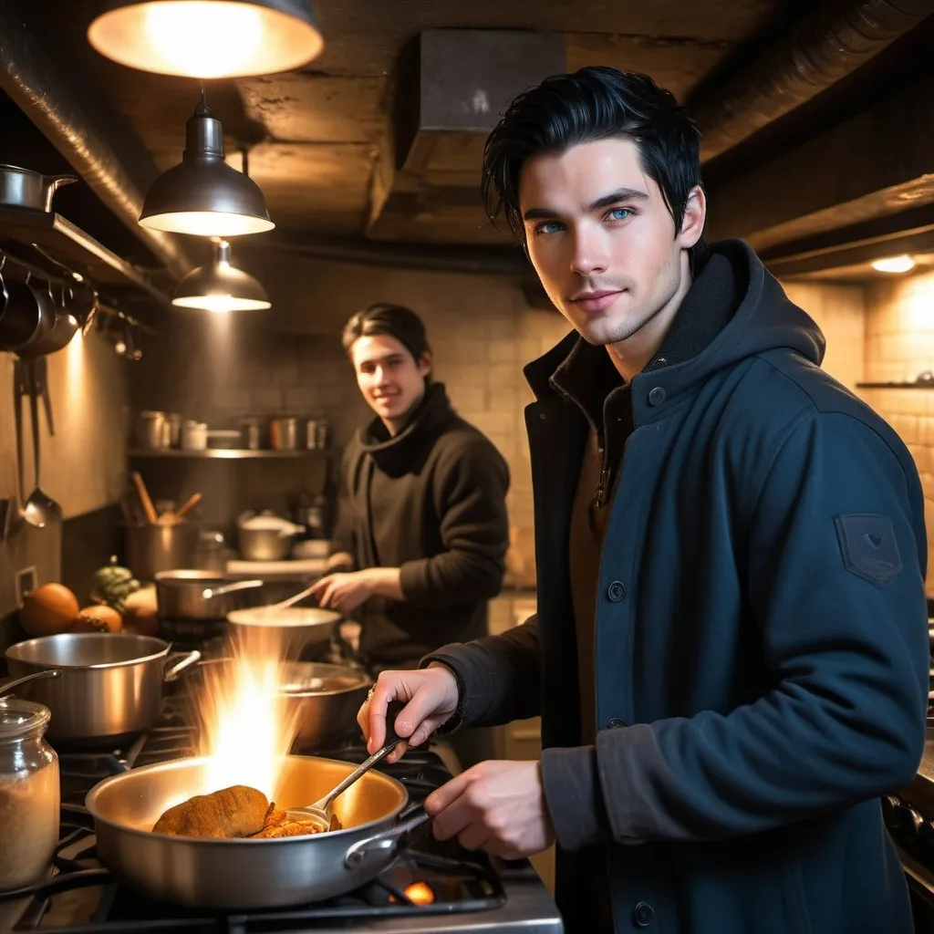 Prompt: handsome, black hair, blue-eyed young man, innocent face,  grinning, underground, cooking in the kitchen, with his wife intense atmosphere, dramatic  low  professional lighting, winter, post apocalyptic urban fantasy setting, dramatic lighting, intricate architectural details, high quality, realistic fantasy, urban setting, detailed expressions, dramatic lighting, 