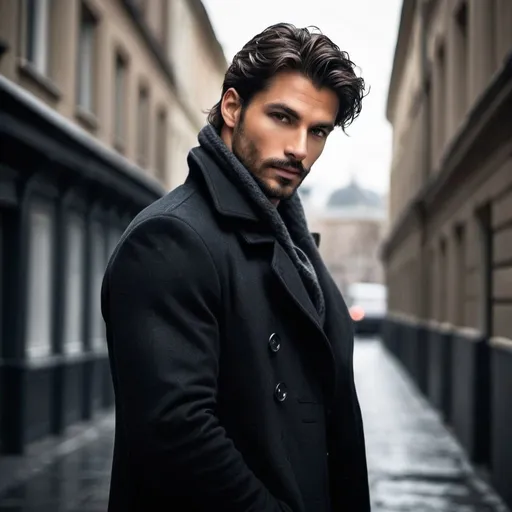 Prompt: Discover the allure of this dark, handsome mystery. Explore the charisma and charm that captivate hearts. Homeless and Dark. #HandsomeMen #MysteryMan #Charming Icy blue eyes, #darkhandsomemale