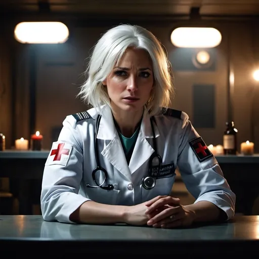 Prompt: medic Victatrain, white hair female medic Kimbel, Doctor Furgeson, battle weary, worry, resistance, rebels, injured, underground, gritty, sitting a table, cinematic, dramatic, moody lights
