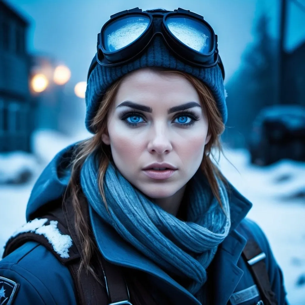 Prompt: intense atmosphere, dramatic low professional lighting, post-apocalyptic winter setting, detailed eyes, highres, intense atmosphere, professional lighting, post-apocalyptic, winter, dramatic, rebel medic, blue tones