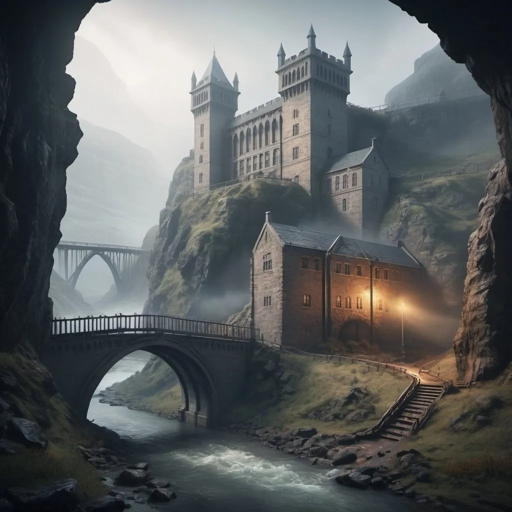 Prompt: fantasy prison. Ashgate prison, built into the mountain plateau with one impenetrable entrance. foggy, bridge and river, dramatic fantasy settlement scene, cinematic lighting