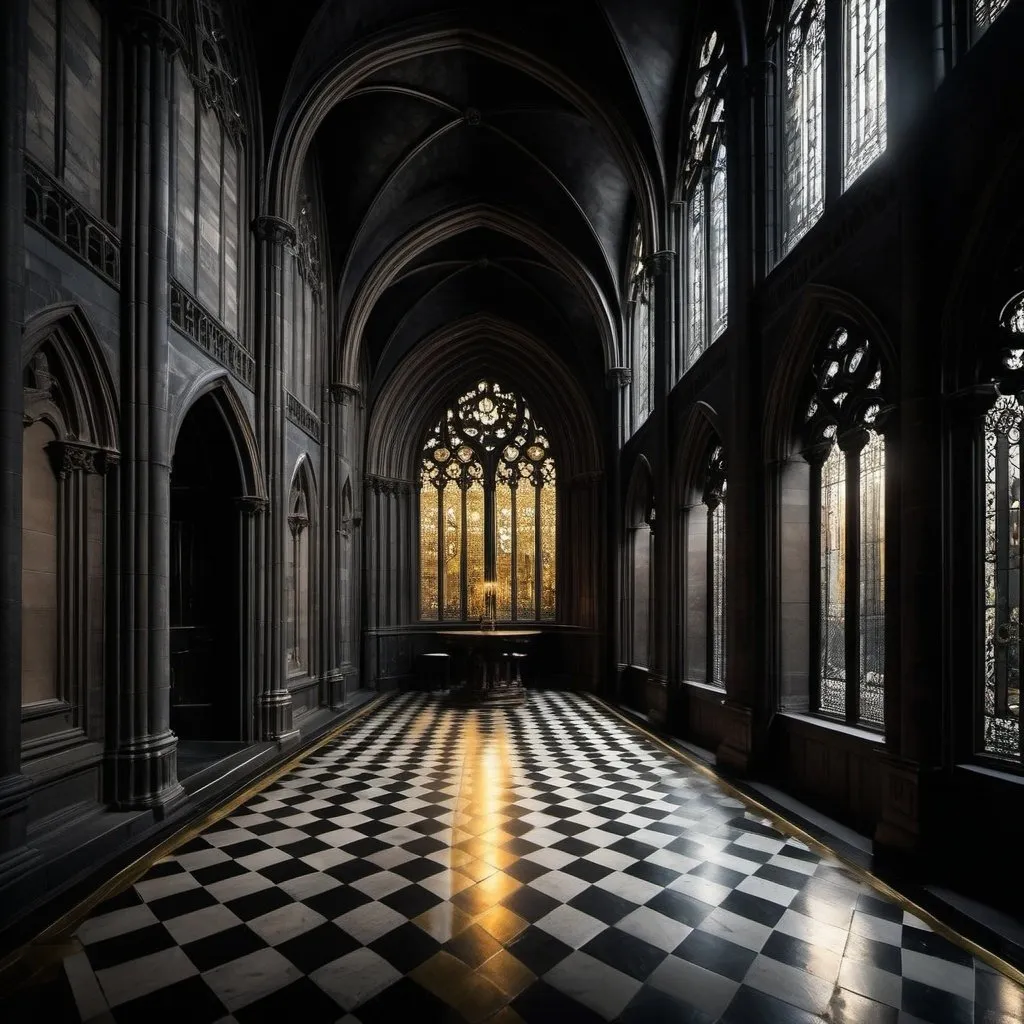 Prompt: The black obsidian stone shimmered like wet water, Cathedral, he looked down from a small arched opening, too small to be a door, narrow edge that soared over the temple. He was like a bird, looking down at the small forms of people mulling about the checkered floor.
A round table was in the center and covered was gold cloth. Gothic,  balcony view,
 high quality, dramatic lighting, gritty,  atmospheric