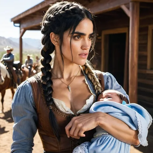 Prompt:   woman with braided hair and sofia Boutella features fights off attackers while holding a baby  and  western, set in travel, midwest
