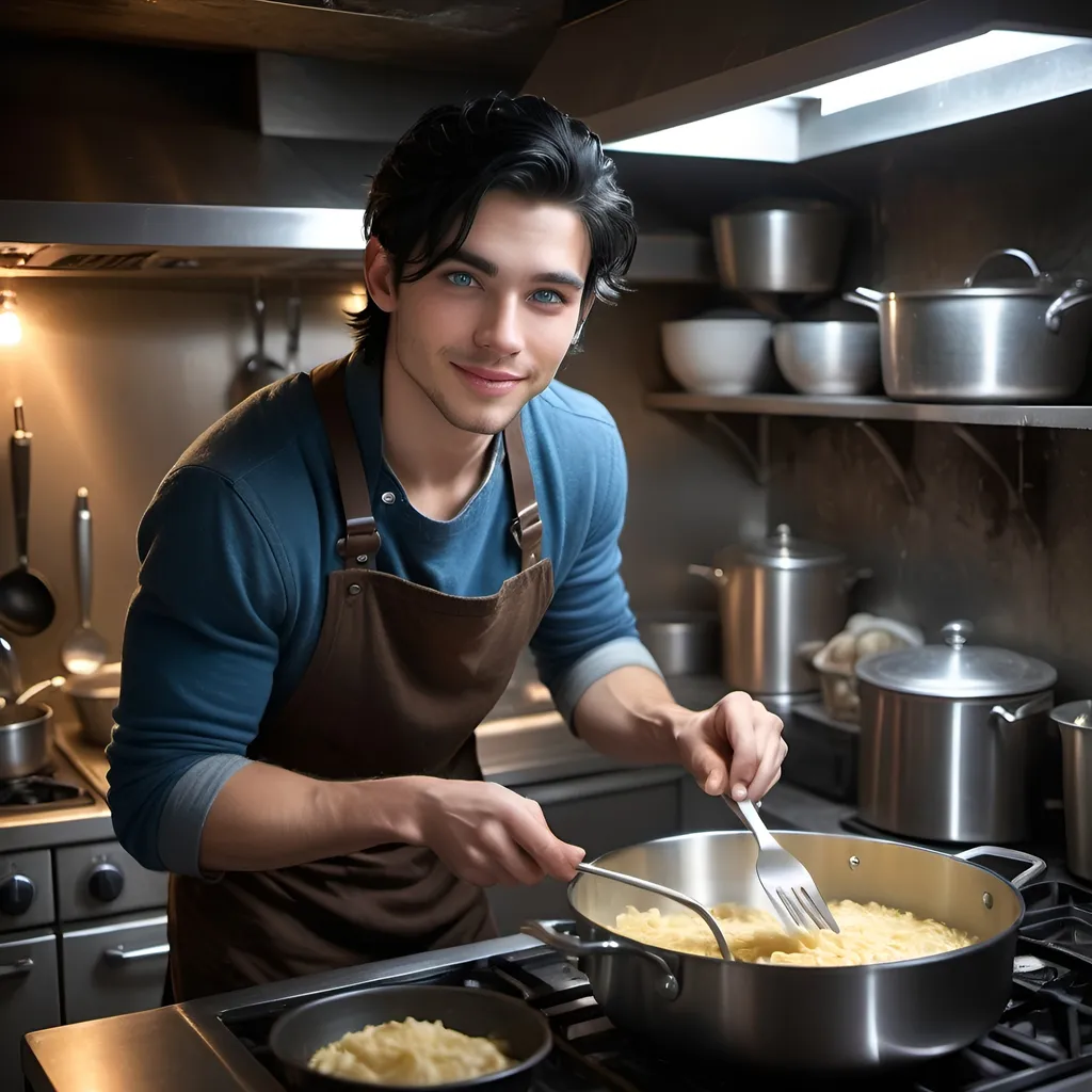 Prompt: handsome, black hair, blue-eyed young man, innocent face,  smiling, underground, cooking in the kitchen, intense atmosphere, dramatic  low  professional lighting, winter, post apocalyptic urban fantasy setting, dramatic lighting, intricate architectural details, high quality, realistic fantasy, urban setting, detailed expressions, dramatic lighting, 