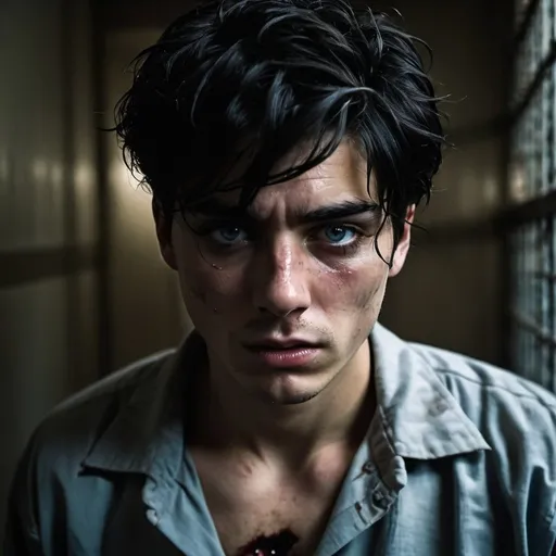 Prompt: interrogation,   20 years old,  with black hair now longer fell over his icy blue eyes  Skinny, starved, thin. tears, crying, gritty, surrounded by black masked  guards, surrounding captive, Rebels, scars, blisters, bruises. dark,  suffering, handsome dark hair, tears, sad, sorrow, gritty, dark, painful, brow pinched, tattered shirt,bruises, injury,  prison grime, scars, blisters, bruises. gritty, brow pinched, consuming pain, weeping eyes, shackles, injury, darkness, low dramatic light, cinematic, Gritty, low light
intense, prison guards,


