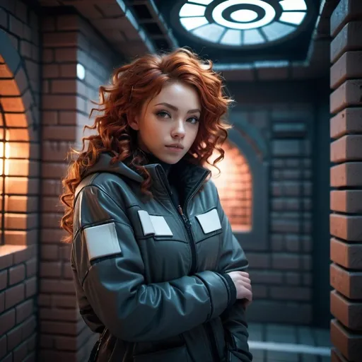 Prompt: Savvy, scrappy girl in winter clothes, futuristic brick prison cell, relaxed slouching position, curly red hair, sharp facial features, patched together clothing, atmospheric lighting, detailed curls, highres, futuristic, urban, cool tones, gritty texture, detailed clothing