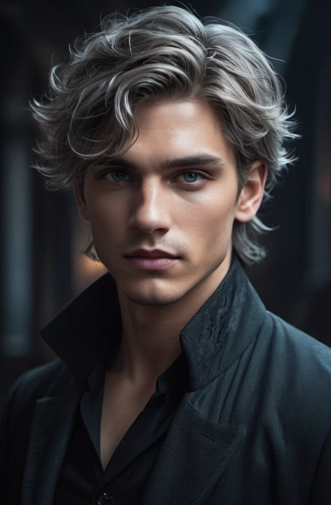 Prompt: Young man with a disheveled hair, cool-toned digital illustration, Eric Roberts-like appearance, Rhysand's manners, detailed facial features, moody lighting, fantasy, cool tones, disheveled hair, detailed eyes, digital art, highres, atmospheric lighting