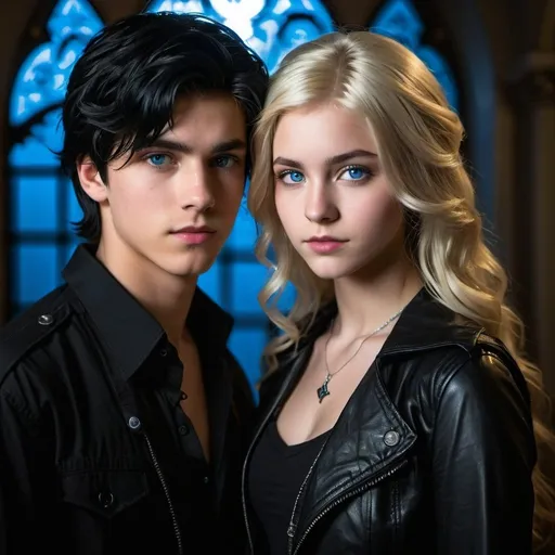 Prompt: handsome, black hair, blue-eyed 16 year old male, with older blond wavy hair girlfriend, black gothic temple setting, Refugee, intense low light atmosphere, dramatic lighting, dynamic composition, gritty,, captive, rebellious, dramatic lighting, professional lighting