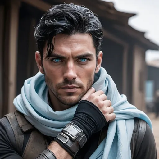 Prompt: , handsome black hair man with icy blue eyes, sick, thin, skinny, sickly, injured, both wrists wrapped with a strips of cloth, 
warzone, western, futureistic,
