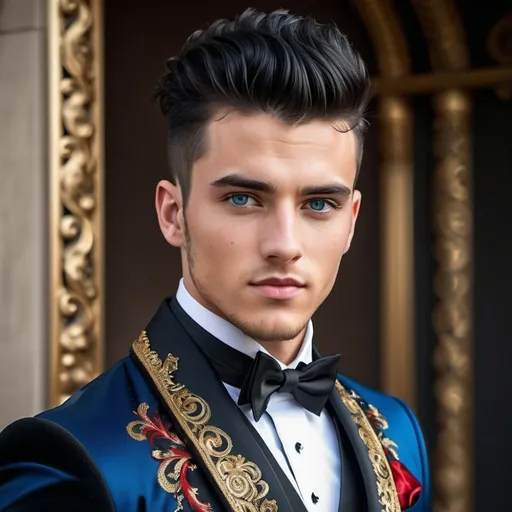 Prompt: Handsome 24-year-old with black hair, mohawk, and intense blue eyes, wearing a black dinner jacket with ornate gold and red thread designs, polished black boots, high quality, detailed, realistic, scarred, sophisticated, elegant, stylish, , mohawk, intense blue eyes, ornate dinner jacket, royal dinner setting, future, rebels, war, refugee
