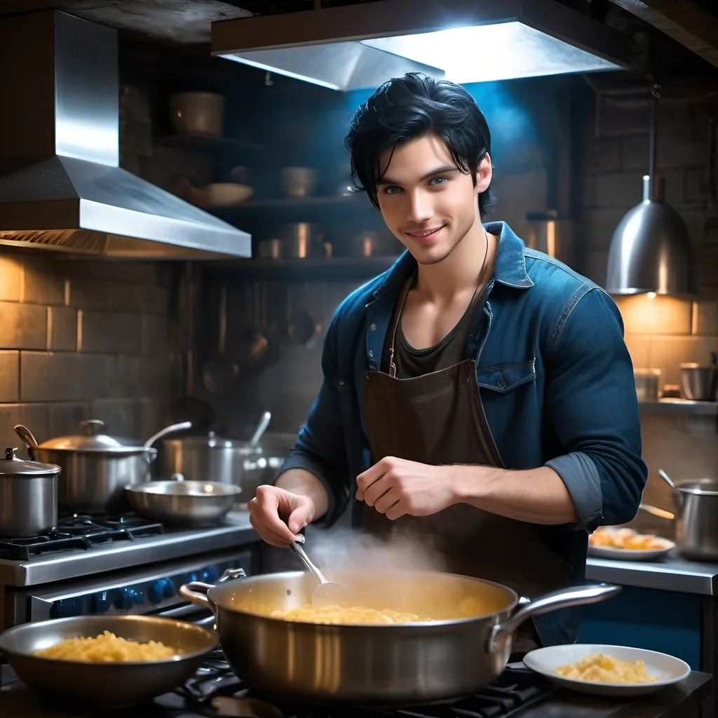 Prompt: handsome, black hair, blue-eyed young man, innocent face,  smiling, underground, cooking in the kitchen, intense atmosphere, dramatic  low  professional lighting, winter, post apocalyptic urban fantasy setting, dramatic lighting, intricate architectural details, high quality, realistic fantasy, urban setting, detailed expressions, dramatic lighting, 