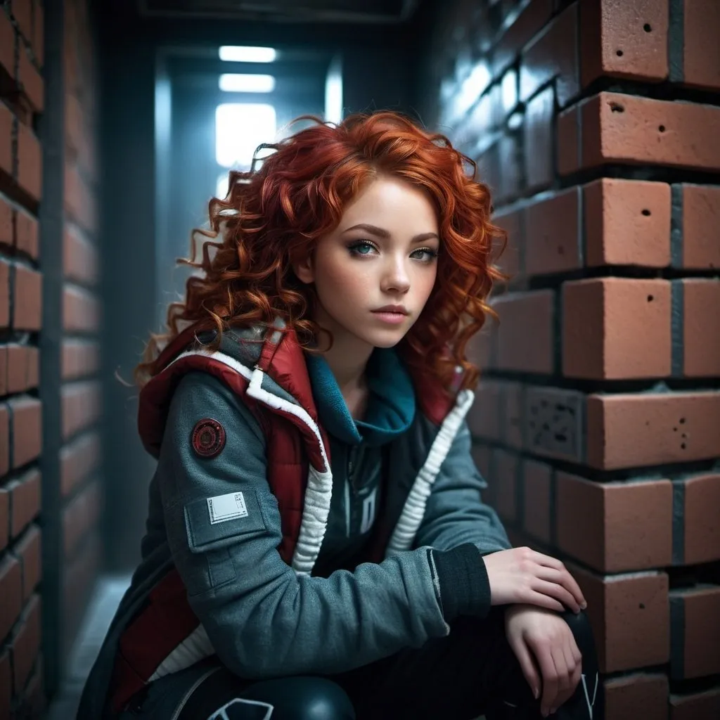 Prompt: Savvy, scrappy girl in winter clothes, futuristic brick prison cell, relaxed slouching position, curly red hair, sharp facial features, patched together clothing, atmospheric lighting, detailed curls, highres, futuristic, urban, cool tones, gritty texture, detailed clothing