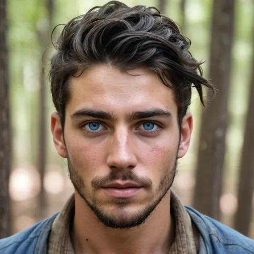 Prompt: Handsome 22-year-old with longish black hair, and intense blue eyes, bruises, convict, escaped, injured, in woods,  big beard, escaping 1880's prison, tattered , ripped, old, dirty clothes, battle injury, future, rebels, war, refugee rebels, gritty, 