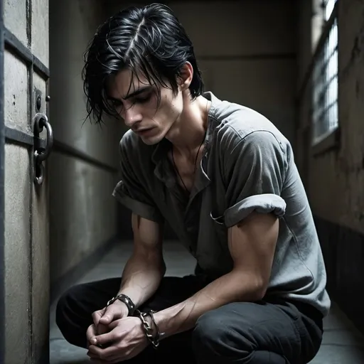 Prompt:  Gothic prison, suffering,  kneeling, handcuffs, POw, brow pinched, tattered shirt, Emaciated hands covered in bruises and prison grime,  cold stone floor, Rebels, Resistance, scars, blisters, bruises. Skinny, starved, thin. tears, crying, painful, begging,, young handsome dark hair, tears, sad, sorrow,
His brow pinched, weathering wave after wave of consuming pain, his black hair now longer fell over his icy blue eyes weeping eyes, shackles, injury
His back to the prison cell door as it opened. Gritty, Gothic,

