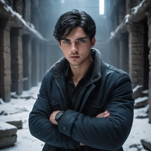 Prompt: handsome young man with (black hair, blue eyes), innocent expression, (handcuffed), surrounded by underground rebels; (intense atmosphere), (dramatic low professional lighting), set in a wintery post-apocalyptic backdrop with ruins and shadows; high tension and emotion; (ultra-detailed), representing struggle and resilience amidst chaos.