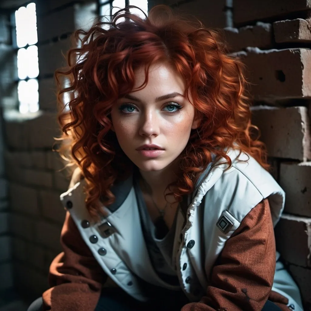 Prompt: Savvy scrappy girl in patched winter clothes, sitting in a dank poor brick prison cell, curly red hair framing her face, being grimey, rough textures, highres, ultra-detailed, futuristic, prison, curly hair, scrappy fashion, cool tones, dramatic lighting