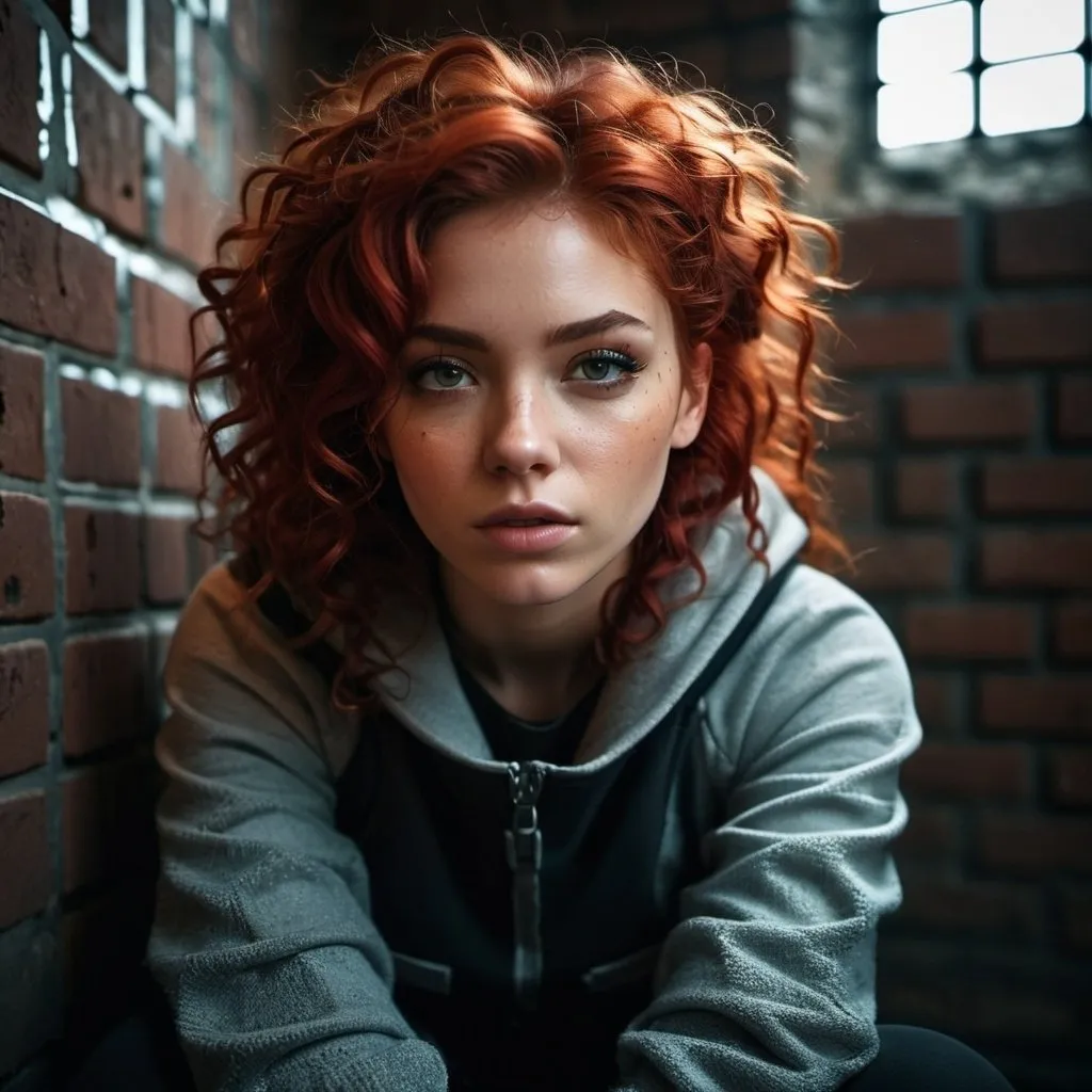 Prompt: Savvy scrappy girl in patched winter clothes, sitting in a dark grimey, dank poor brick prison cell, curly red hair framing her face, being grimey, rough textures, highres, ultra-detailed, futuristic, prison, curly hair, scrappy fashion, cool tones, dramatic lighting