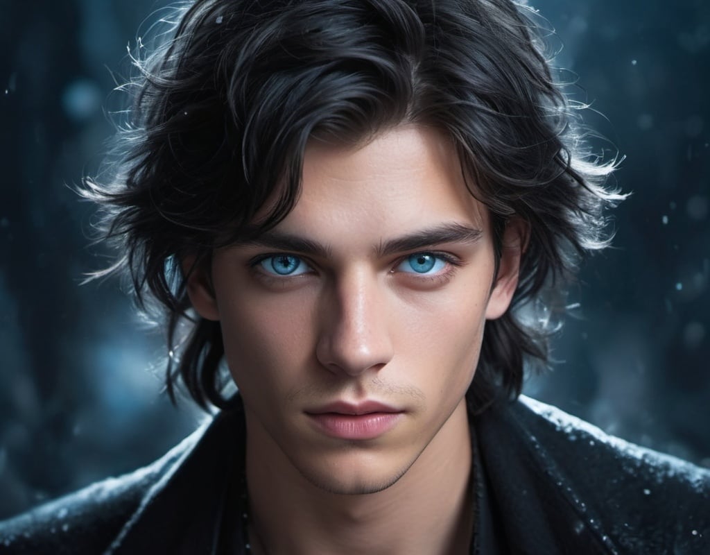 Prompt: Young man with deep black disheveled hair, cool-toned digital illustration, icy blue eyes, 18 years old, Eric Roberts-like appearance, Rhysand's manners, detailed facial features, moody lighting, fantasy, cool tones, highres, digital art, detailed eyes, disheveled hair, atmospheric lighting, detailed facial features