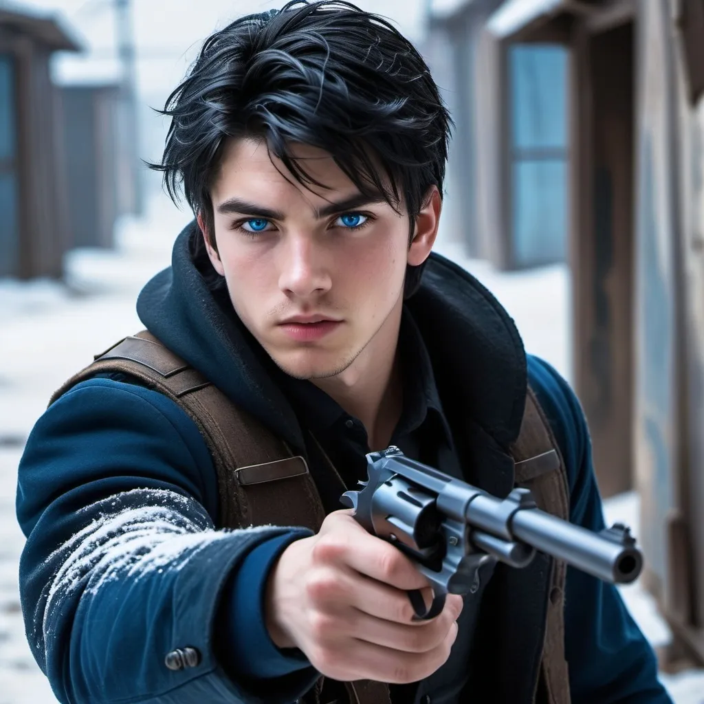 Prompt: handsome, black hair, blue-eyed 18 year old man, innocent face, gunfight showdown, prisoners, intense atmosphere, dramatic  low  professional lighting, winter, post apocalyptic urban fantasy setting, dramatic lighting, intricate architectural details, high quality, realistic fantasy setting, detailed expressions, dramatic lighting, 