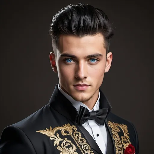 Prompt: Handsome 24-year-old with black hair, mohawk, and intense blue eyes, wearing a black dinner jacket with ornate gold and red thread designs, rebels, polished black boots, high quality, resistance, detailed, realistic, scarred, sophisticated, elegant, stylish, , mohawk, intense blue eyes, ornate dinner jacket, royal dinner setting, future, rebels, war, refugee
