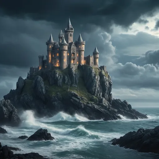 Prompt: (mysterious mcdermott castle), perched on a rocky island, surrounded by turbulent sea waves, dramatic clouds overhead, atmospheric mist enveloping the landscape, ethereal lighting illuminating the ancient stone structure, enchanting and eerie ambiance, rich details on the castle's walls, high-quality (4K), cinematic composition, breathtaking and captivating scenery.