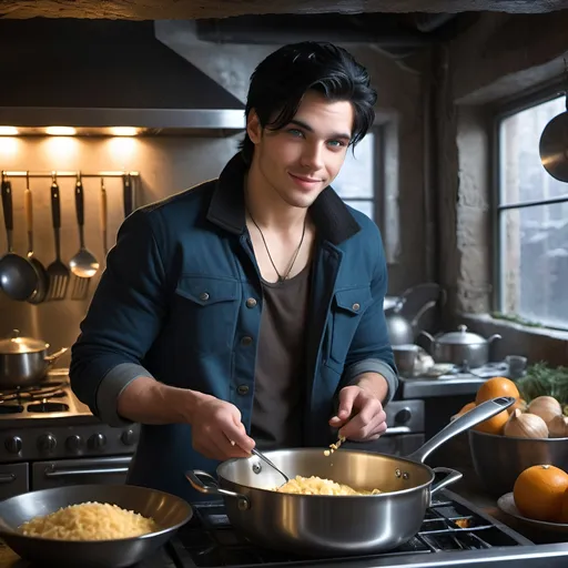 Prompt: handsome, black hair, blue-eyed young man, innocent face,  smiling, underground, cooking in the kitchen, intense atmosphere, dramatic  low  professional lighting, winter, post apocalyptic urban fantasy setting, dramatic lighting, intricate architectural details, high quality, realistic fantasy, urban setting, detailed expressions, dramatic lighting, 