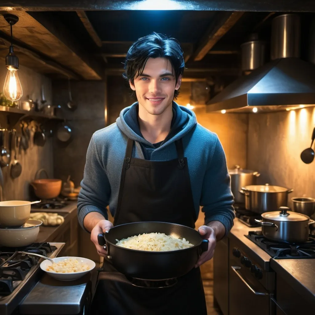 Prompt: handsome, black hair, blue-eyed young man, innocent face,  grinning, underground, cooking in the kitchen, with his wife intense atmosphere, dramatic  low  professional lighting, winter, post apocalyptic urban fantasy setting, dramatic lighting, intricate architectural details, high quality, realistic fantasy, urban setting, detailed expressions, dramatic lighting, 