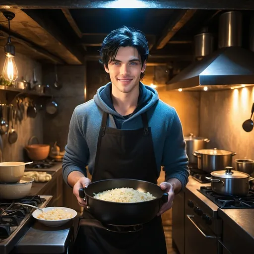 Prompt: handsome, black hair, blue-eyed young man, innocent face,  grinning, underground, cooking in the kitchen, with his wife intense atmosphere, dramatic  low  professional lighting, winter, post apocalyptic urban fantasy setting, dramatic lighting, intricate architectural details, high quality, realistic fantasy, urban setting, detailed expressions, dramatic lighting, 