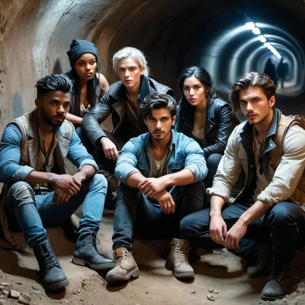 Prompt: post apocalypse, underground tunnel, four  diverse, ruggedly dressed rebels , male and female sit on the ground and eat. They surround a handsome young early twenties male, with black hair in face, icy blue eyes,  