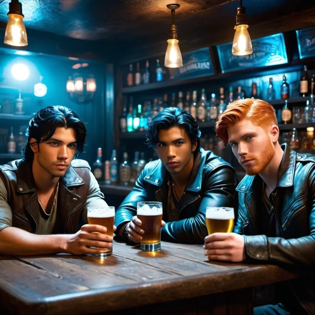 Prompt: Three young men drink in dark, dank moody post apocalypse tavern, One man has black hair and the only one with icy blue eyes, and his two best male friends of different ethnicities, Clint, hispanic, and Scott is redhead,
