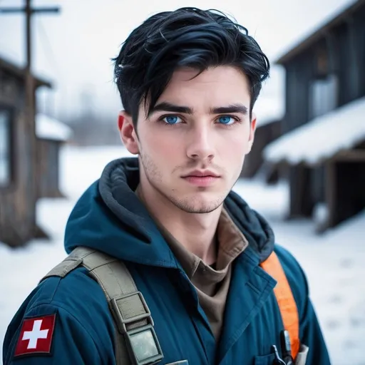Prompt: handsome, black hair, blue-eyed 20 year old man, innocent face,  dressed in medic smock, medic rebels. intense atmosphere, dramatic  low  professional lighting, winter, post apocalyptic