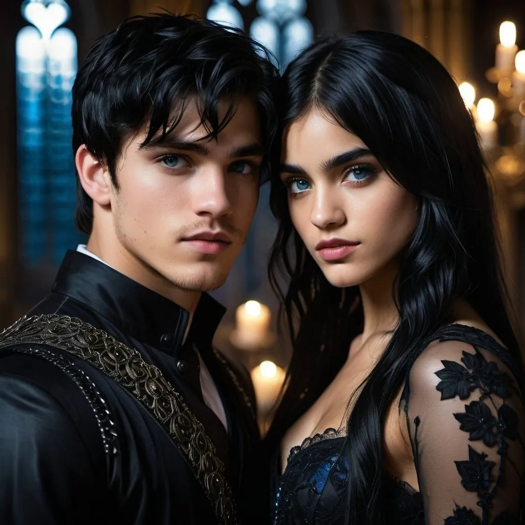 Prompt: Handsome 19-year-old young man with black hair and blue eyes, 22 year old girlfriend that looks like sofia boutella, gothic temple setting, intense low light atmosphere, dramatic lighting, dynamic composition, gritty, captive, rebellious, detailed features, highres, intense lighting, emotional, gothic, detailed expression, atmospheric lighting, gritty