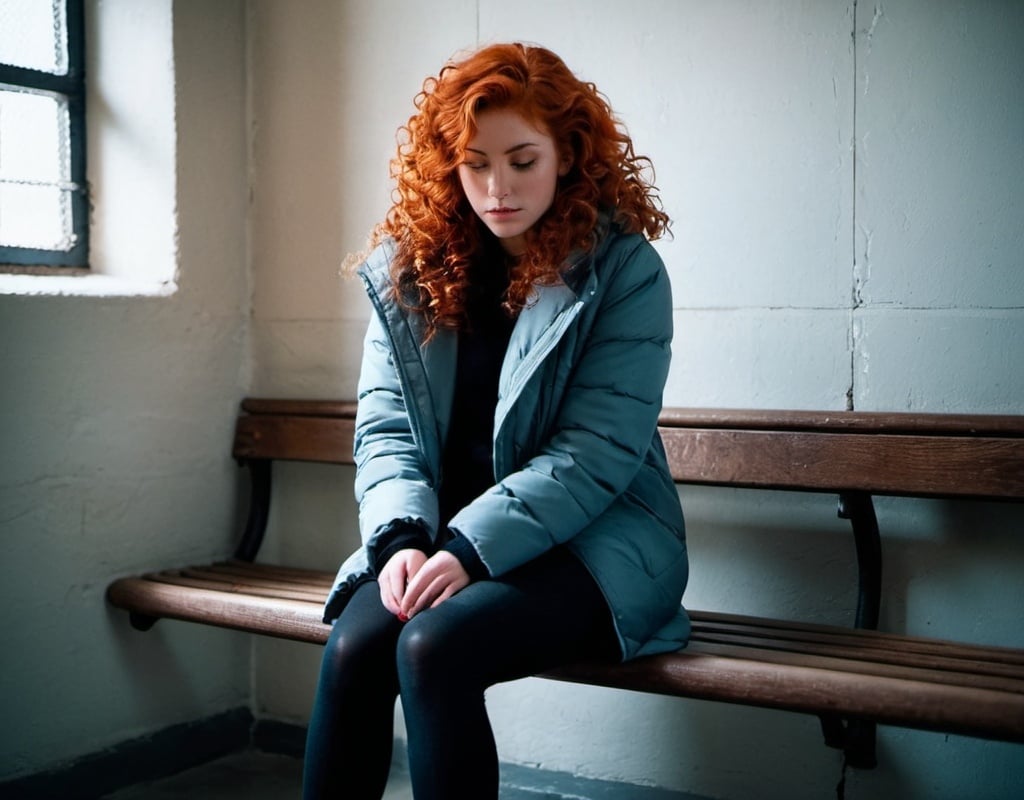 Prompt: girl dressed in winter clothes sitting on a bench at the far wall of the prison cell. She stared at him down the sharp edges of her cheeks partly hidden behind her curly red hair, her body relaxed as it slouched against the wall, legs crossed. 