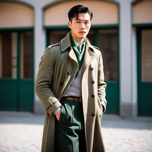 Prompt: 1940's germany young Asian man, was the only time allowed under protocol for him to wear whatever he wanted. Brown casual boots, a green shirt, a dark gray wool sweater. a long gray trench coat. Only his leather gloves he kept from his uniform. He  put a folded green scarf black satchel behind.  Only his sharp haircut.
