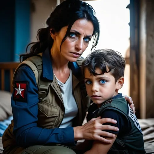 Prompt: 
the mother's protective supports   her small  injured seven year old  blue eye son with handsome dark hair.  rebels, 
 gritty,  Moody light, cinematic, warzone,, terrorists,, dramatic lighting, tactical , cargo pants

