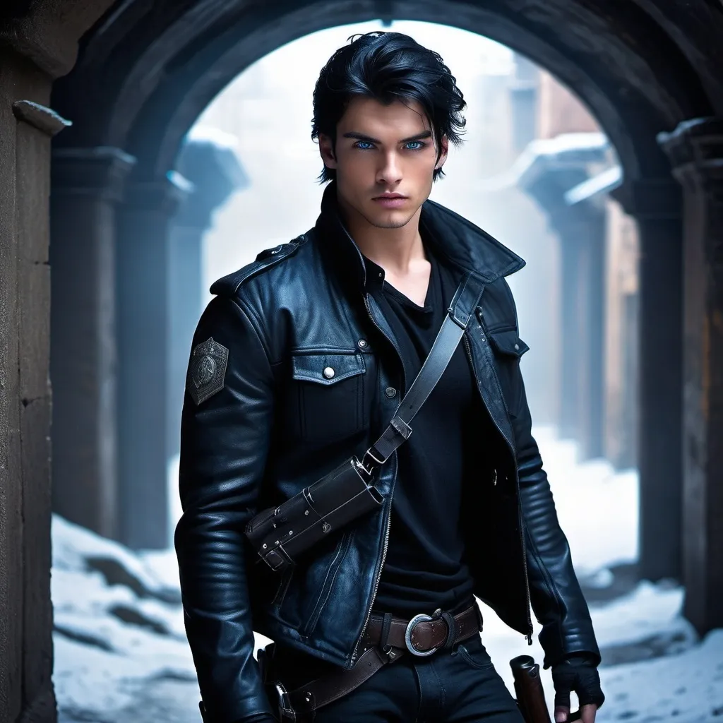 Prompt: handsome, black hair, blue-eyed young man, innocent face,   warrior, underground, wearing guns rebels. intense atmosphere, dramatic  low  professional lighting, winter, post apocalyptic urban fantasy setting, dramatic lighting, intricate architectural details, high quality, realistic fantasy, urban setting, detailed expressions, dramatic lighting, 