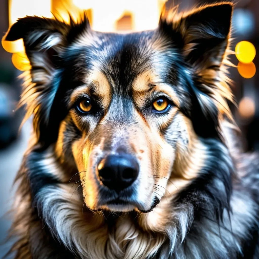 Prompt: Enormous matted gray and haggard dog, intense gaze, non-aggressive demeanor, detailed fur with cool reflections, urban setting, highres, detailed eyes, professional, atmospheric lighting, warm and ominous tones