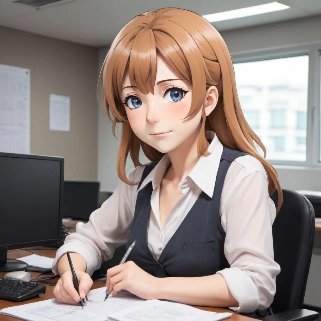 Prompt: A mature anime girl in work