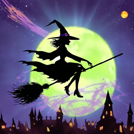 Prompt: The quintessential cartoon siluette of a beautiful witch, wearing a witches hat, riding on her magic broomstick, which has streaks behind the broomstick to denote she is flying at a fast speed. Behind her siluette is the Earth.