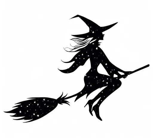 Prompt: The quintessential cartoon siluette of a beautiful witch, wearing a witches hat, riding on her magic broomstick, which has streations coming from the back end of the broomstick to denote she is flying at a fast speed. Behind her siluette is the Earth.