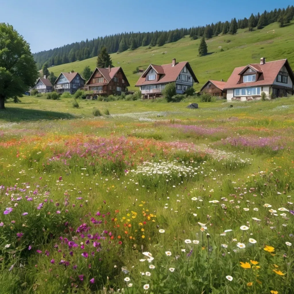 Prompt: A clean large meadow, which is dotted with thousands of flowers of all colors. There are a couple of houses on its edge. Epic style.