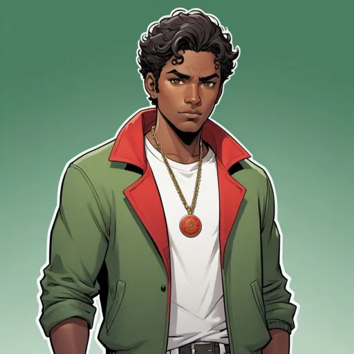 Prompt: The character has short black wavy hair, brown skin, wears a red t-shirt or sweater, white pants, and a baggy green jacket with long sleeves. A chain or medallion hangs around his neck. Simplified comic book style.